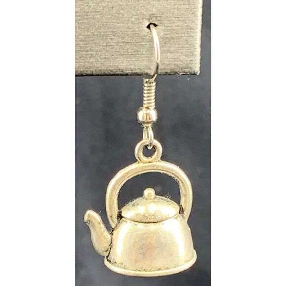 Teapot Earrings Pierced Silver Tone Figural Dangle Tea Party Time 1/2" Tall Vtg - Picture 3 of 6